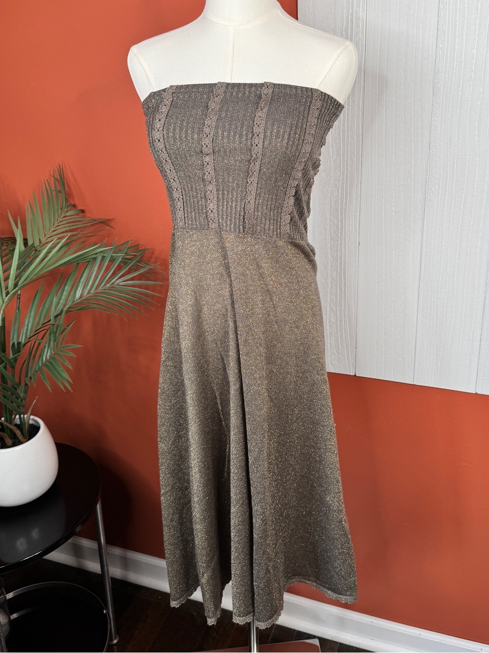Vintage Free People Strapless Metallic Knit Midi Dress - Taupe | Wool Blend S